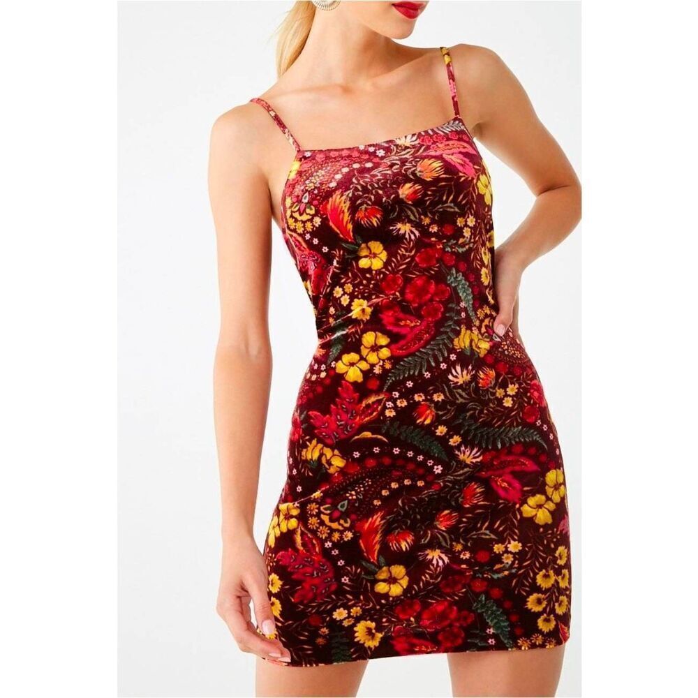 Forever 21 Floral Velvet Spaghetti Strap Bodycon Mini Dress Sz. S Jr.